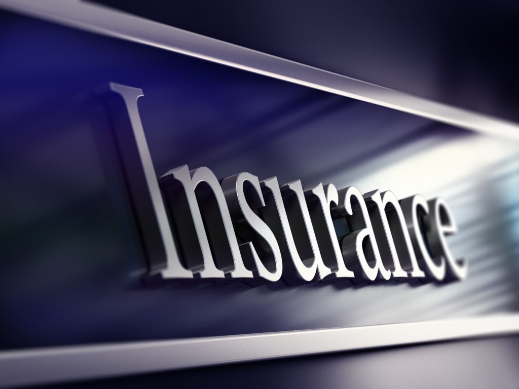 insurance company plaque, 3d rendering word insurance written onto a company plaque, perspective view, blue tones and blur effect